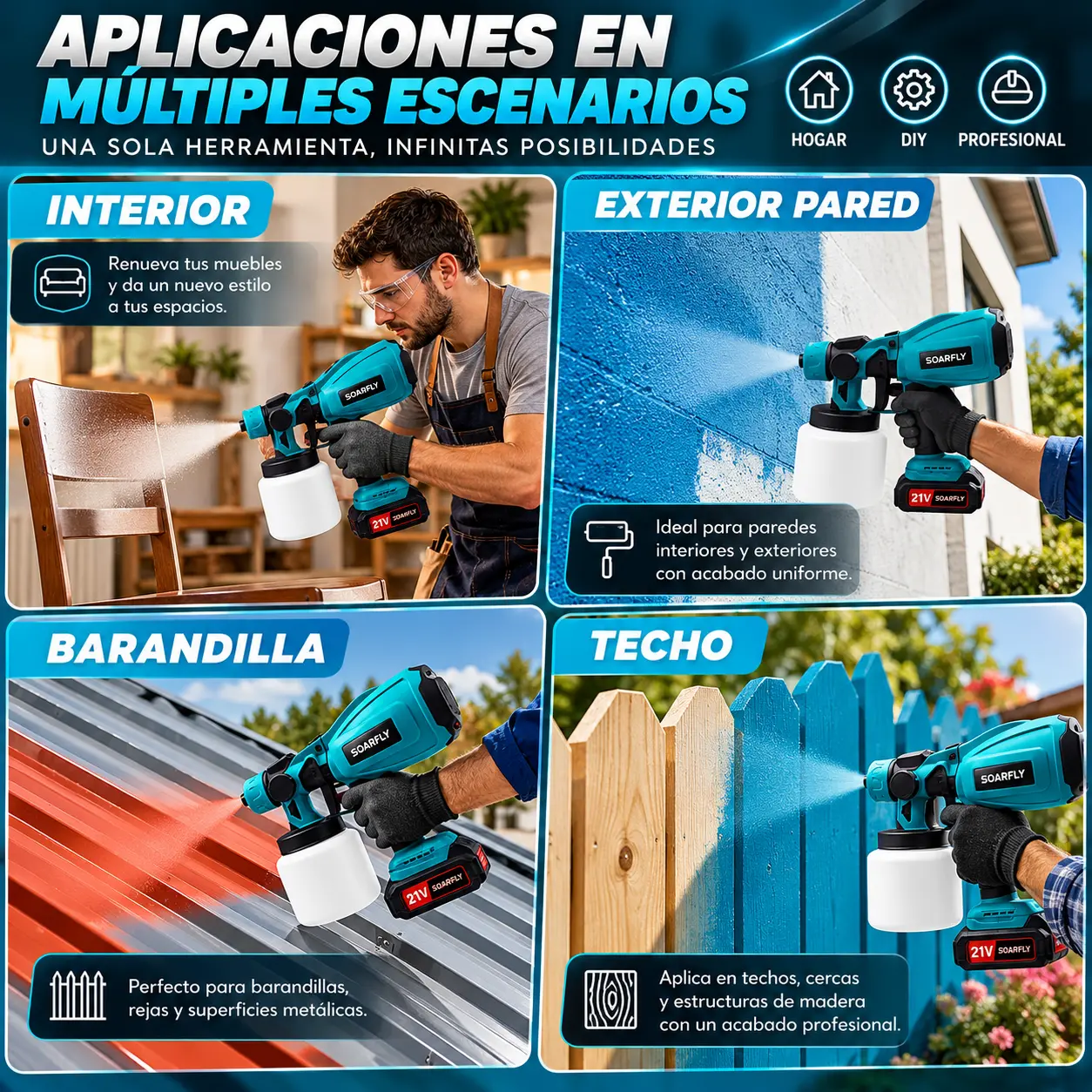 Aplicaciones en interiores, exteriores, rejas y techos