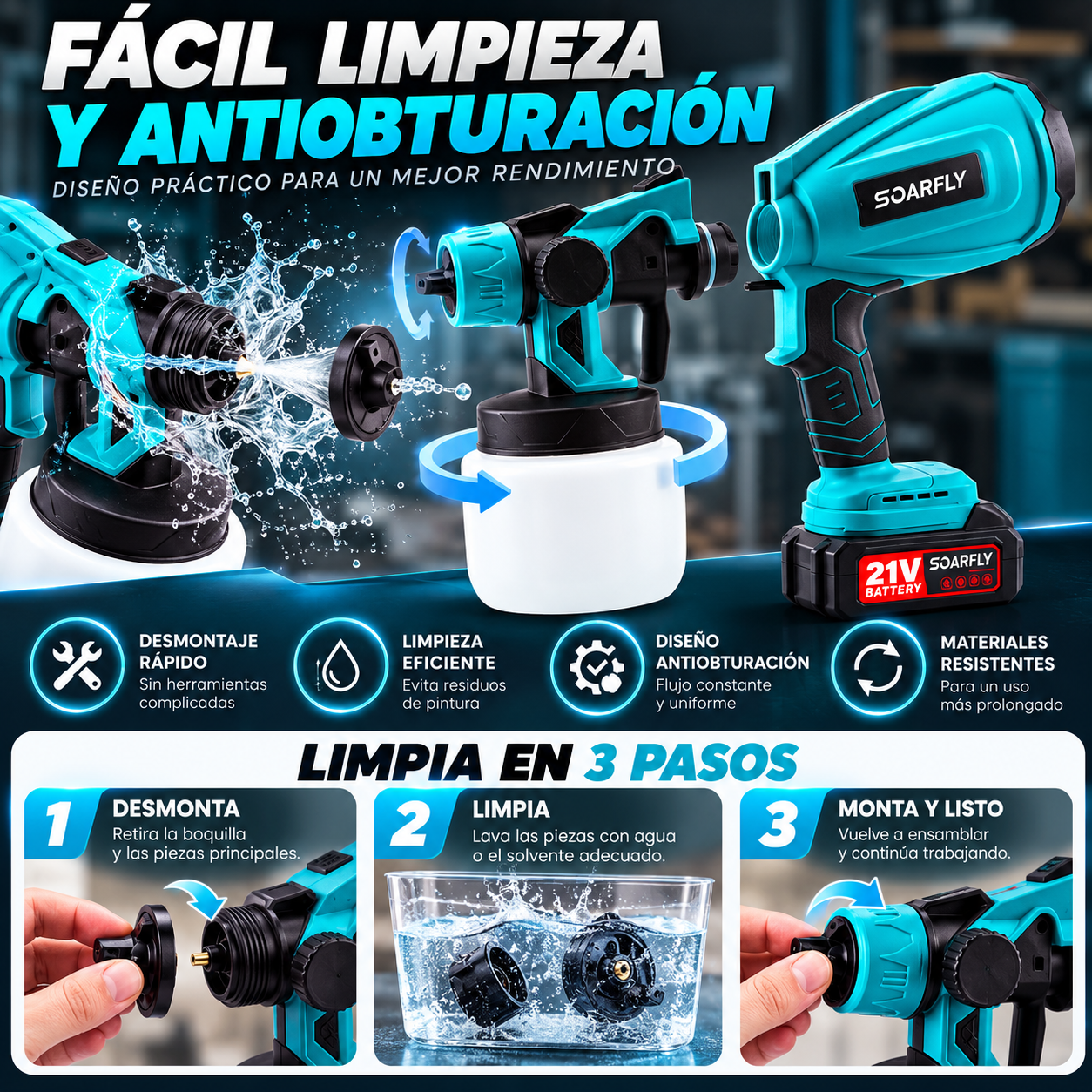 Sistema desmontable y diseño contra obstrucciones de la pistola SOARFLY