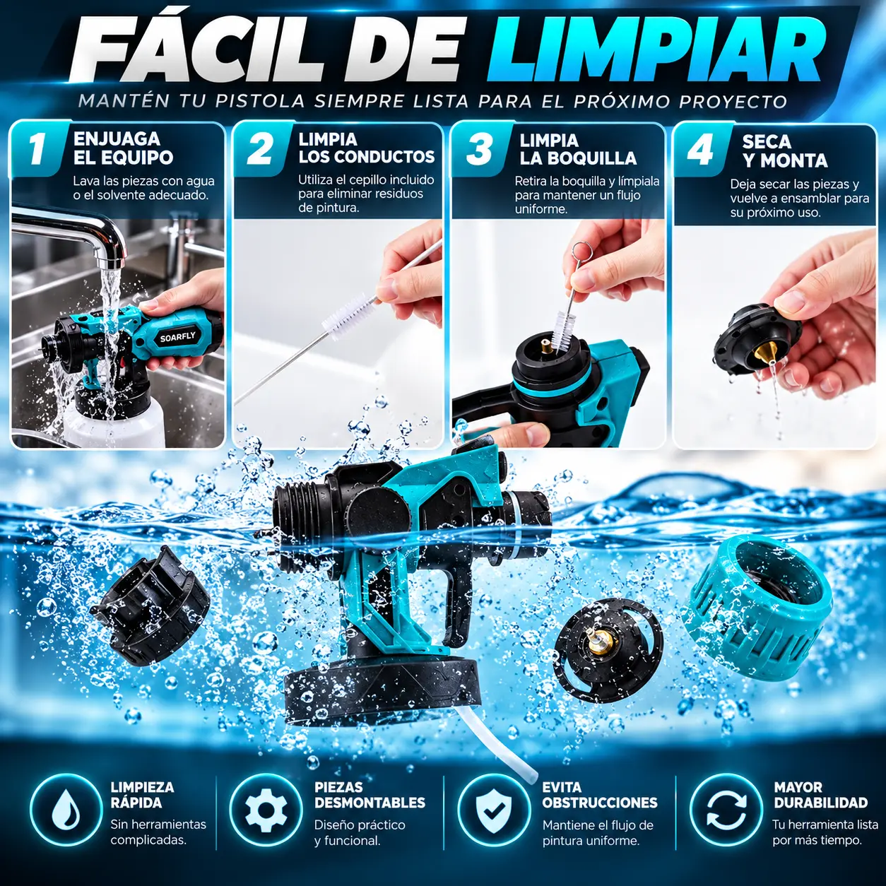 Limpieza de la pistola SOARFLY en cuatro pasos
